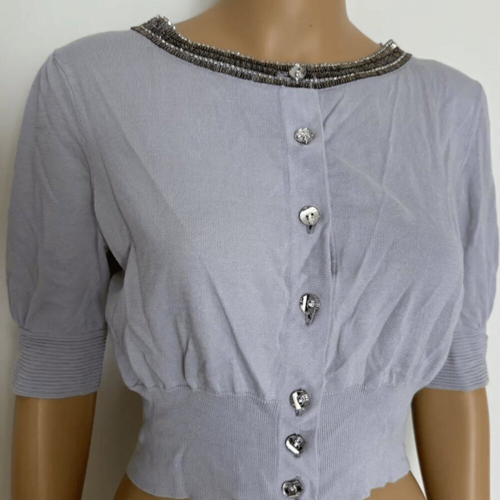 IISLI Light Blue Cotton Cardigan Womens Size S Embellished Encrusted Crystal